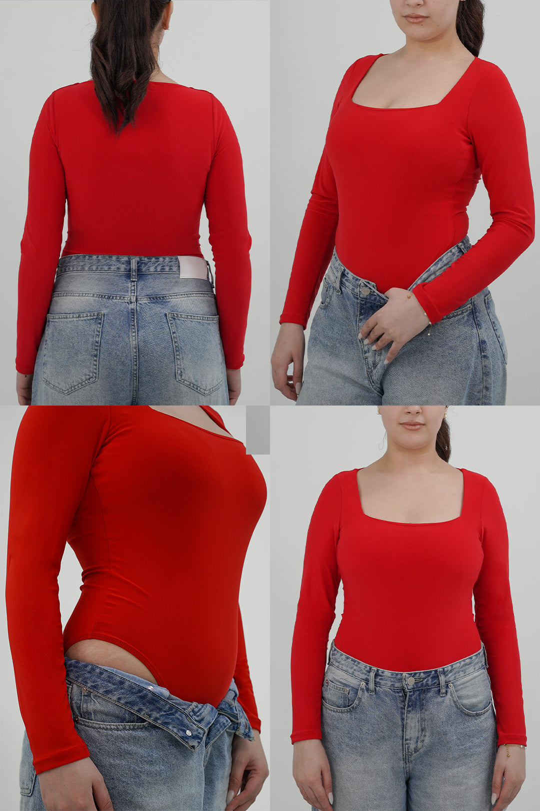 BODY À MANCHES LONGUES AVEC ENCOLURE CARRÉE ROUGE